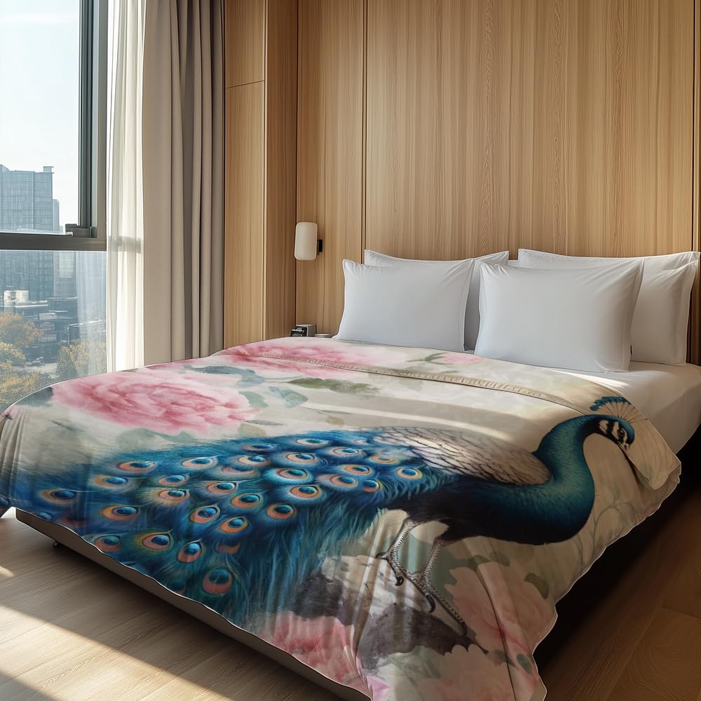 HUNXIAOJ Peacock Throw Blanket for Couch Peacock Themed Decor Animal Print Blanket King Size Soft Warm Flannel for Sofa Bed (50 in x 60 in)
