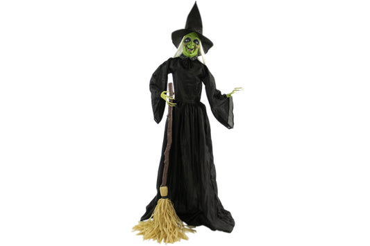 Haunted Hill Farm 71-in. Witch with Broomstick Animatronic, Indoor/Outdoor Halloween Decor, Poseable & Talking Animated Halloween Prop, Battery Operated