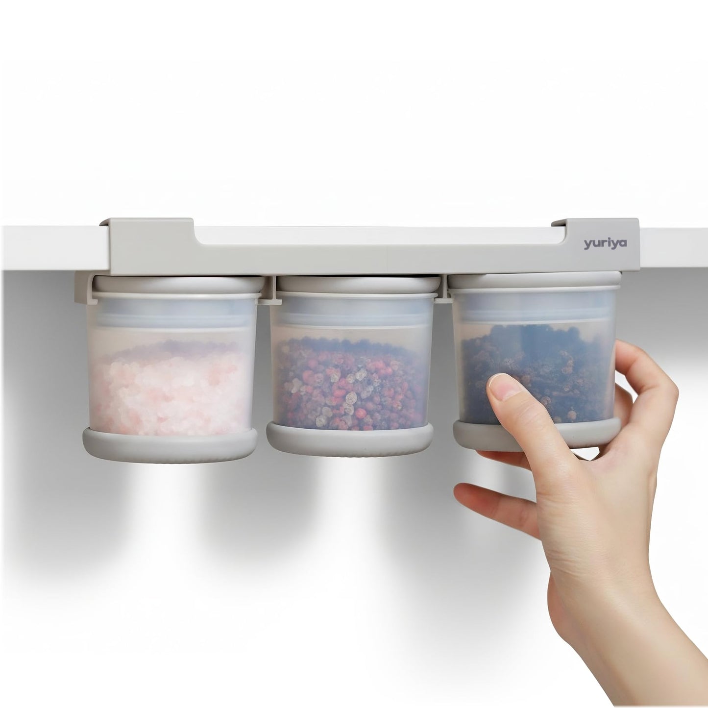 yuriya Under Cabinet Spice Rack for Cabinet Storage, Under Shelf Organizer with 3 Airtight Hanging Jars & Measuring Lids, Space-Saving for Salt, Sugar, Seasonings