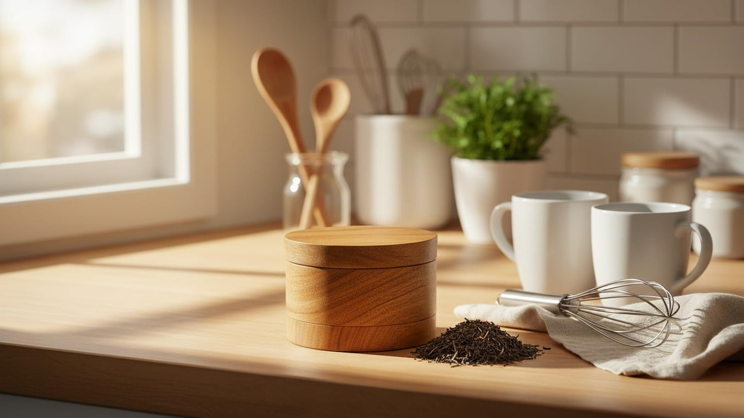 Acacia Wood Salt Cellar & Pepper Bowl With Magnetic Swivel Lid, Spice Storage Box, Wooden Table & Gourmet Salt Jar Keeper For Kitchen Counter, Herb & Seasoning Container Holder, 4 Inch Natural Rustic