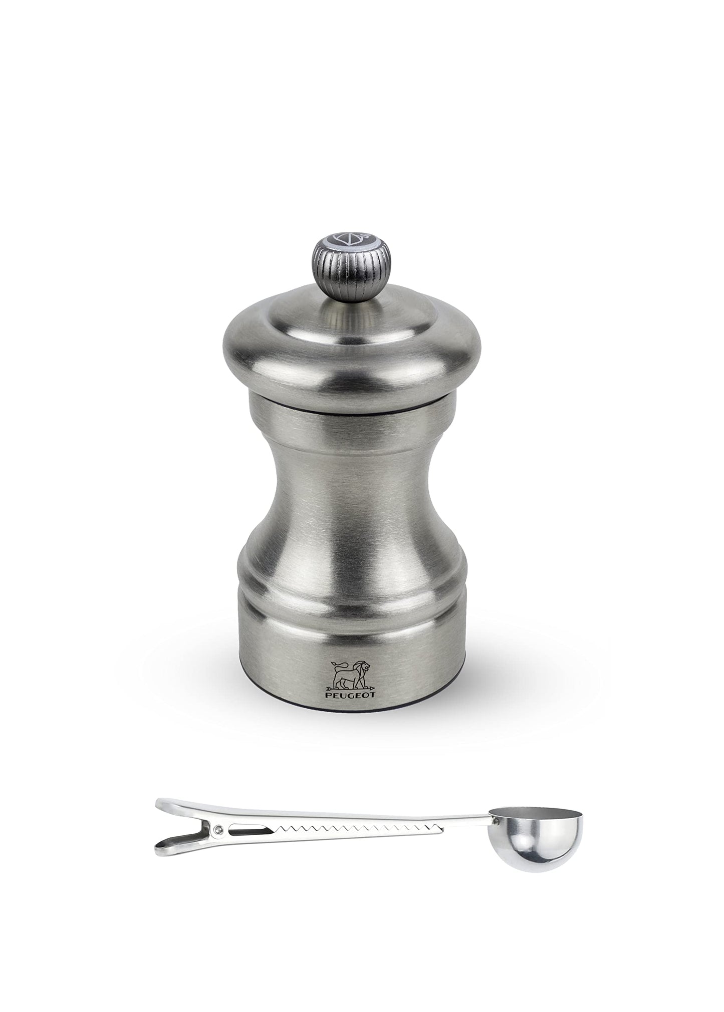 Peugeot Bistro Chef Manual Salt Mill Gift Set Stainless Steel 10 cm - 4in - With Stainless Steel Spice Scoop/Bag Clip