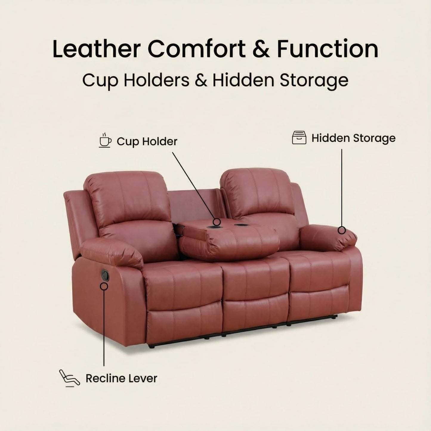 Trygoal Manual Recliner Sofa Set, Leather-Style Reclining Couch with Storage Console, Cup Holders and Convertible Coffee Table, Adjustable Backrest Recliner Couch for Home Theater, Red