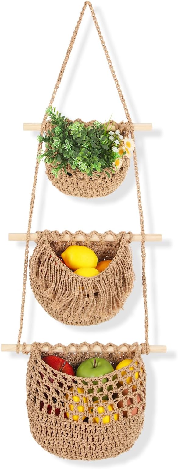 3 Tier Hanging Fruit Basket, Wall Hanging Vegetable Fruit Baskets Cotton Woven