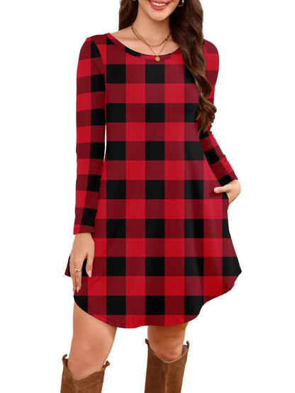 DEARCASE Women's Long Sleeve T Shirt Dress Red Grid Medium Crewneck Knee Length Loose Casual Flowy Christmas Dresses with Pockets