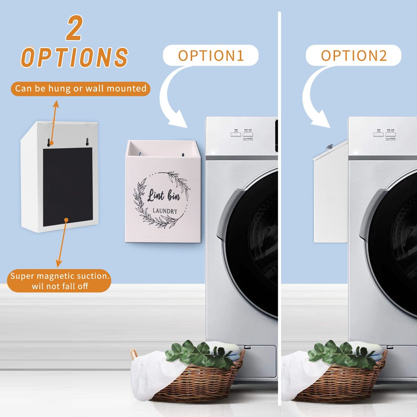 Magnetic Lint Bin and Dryer Sheet Holder Set for Laundry Room, Farmhouse Wooden Lint Trash Can with Lid and Dryer Sheet Dispenser Box Magnetic for Mounting on Dryer,Stylish Laundry Room Organiz(White)