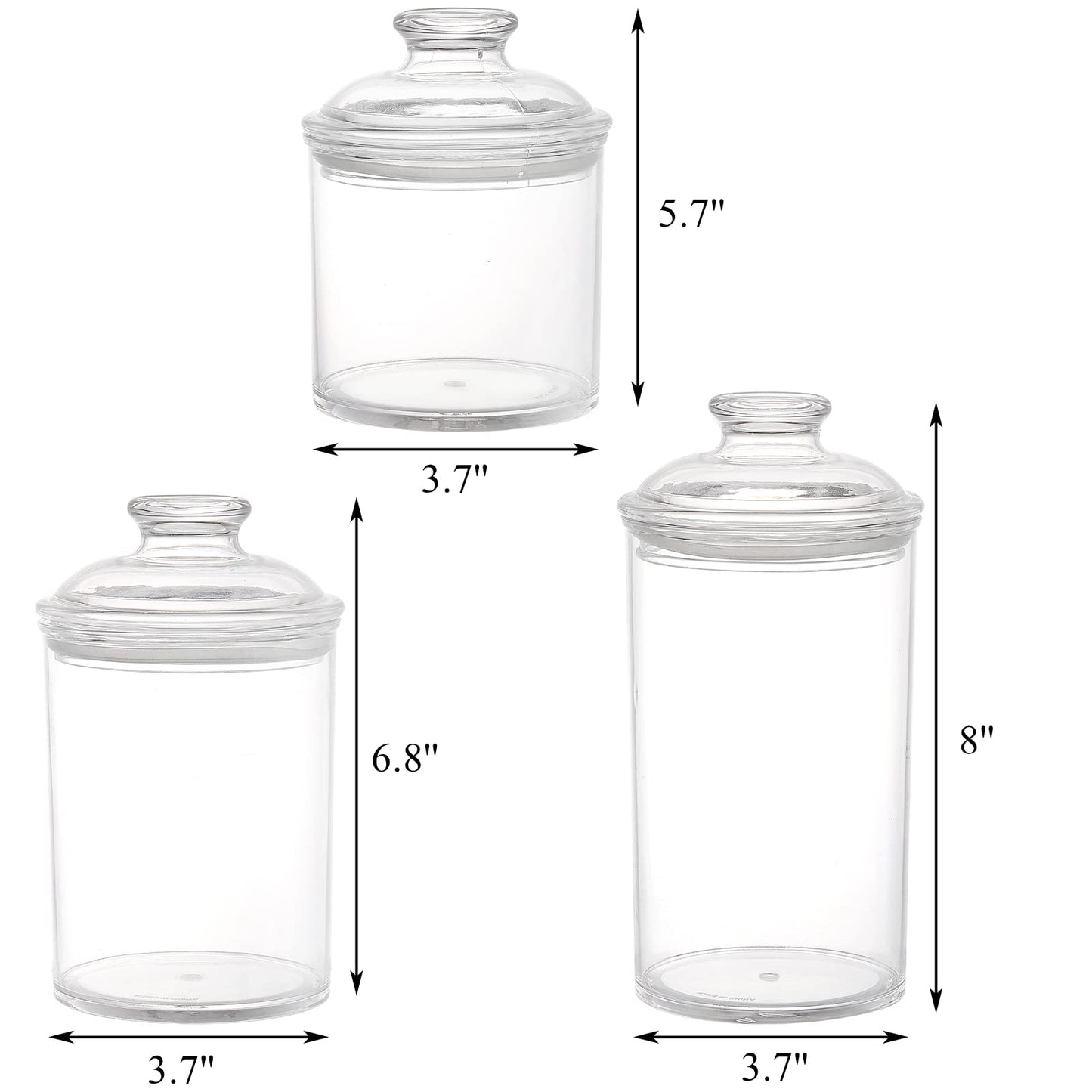 Lyellfe Set of 3 Acrylic Apothecary Jars, Vanity Organizer Canister with Airtight Lids, Bathroom Cotton Swab Holder, Clear Storage Jar for Candy, Bath Salt, Cotton Ball, 34 oz, 25 oz, 17 oz