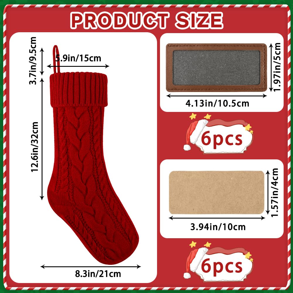 XOYTN 6 Pack Personalized Christmas Stockings, 18in Large Knitted Xmas Hanging Stocking Set Decoration with Leather Patches Custom Name for Holiday Christmas Family Decor (Red and White)