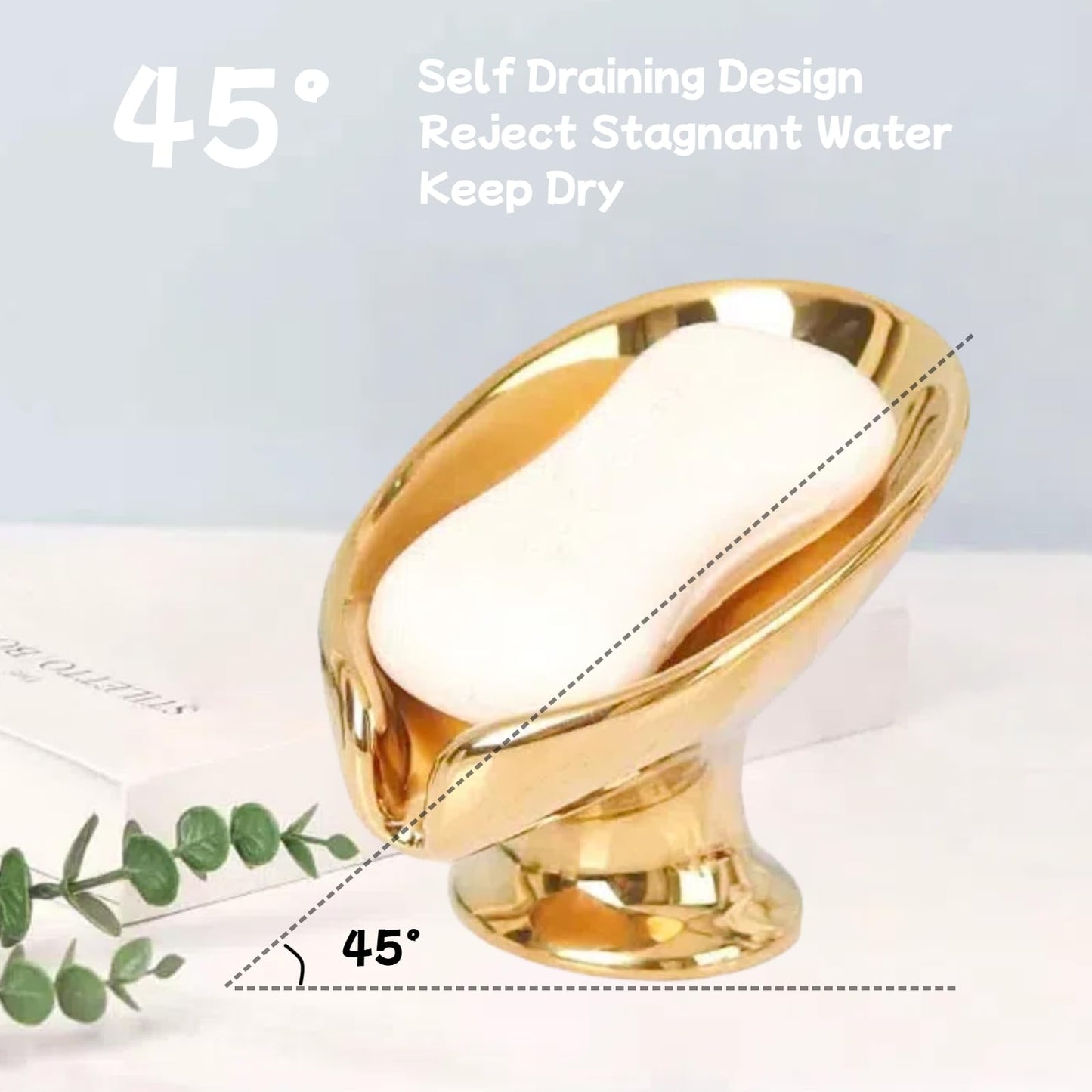 Bar Soap Holder, Soap Dish for Shower, Self Draining Soap Dish, Metallic Glossy Ceramic Soap Holder, Used for Sinks, Bathrooms, Showers,Kitchens (Golden)