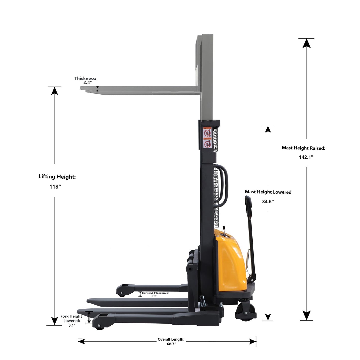 APOLLO Semi-Electric Pallet Stacker, 3300 lbs Capacity, 118" Lifting Height Material Lift, Forklift with Straddle Legs and Forks