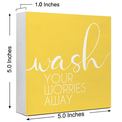 LVQHI Bathroom Decor And Accessories, Wash Your Worries Away Wooden Box Sign, Bathroom Sign Small Decorations For Shelves, Yellow Washroom Toilet Restroom Shelves Decor 5"L x 5"W x 1.1"H