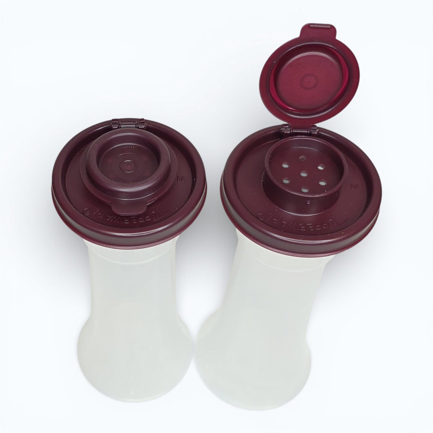 Tupperware Large Hourglass Salt and Pepper Shakers Clear Containers with Dark Vineyard Seals