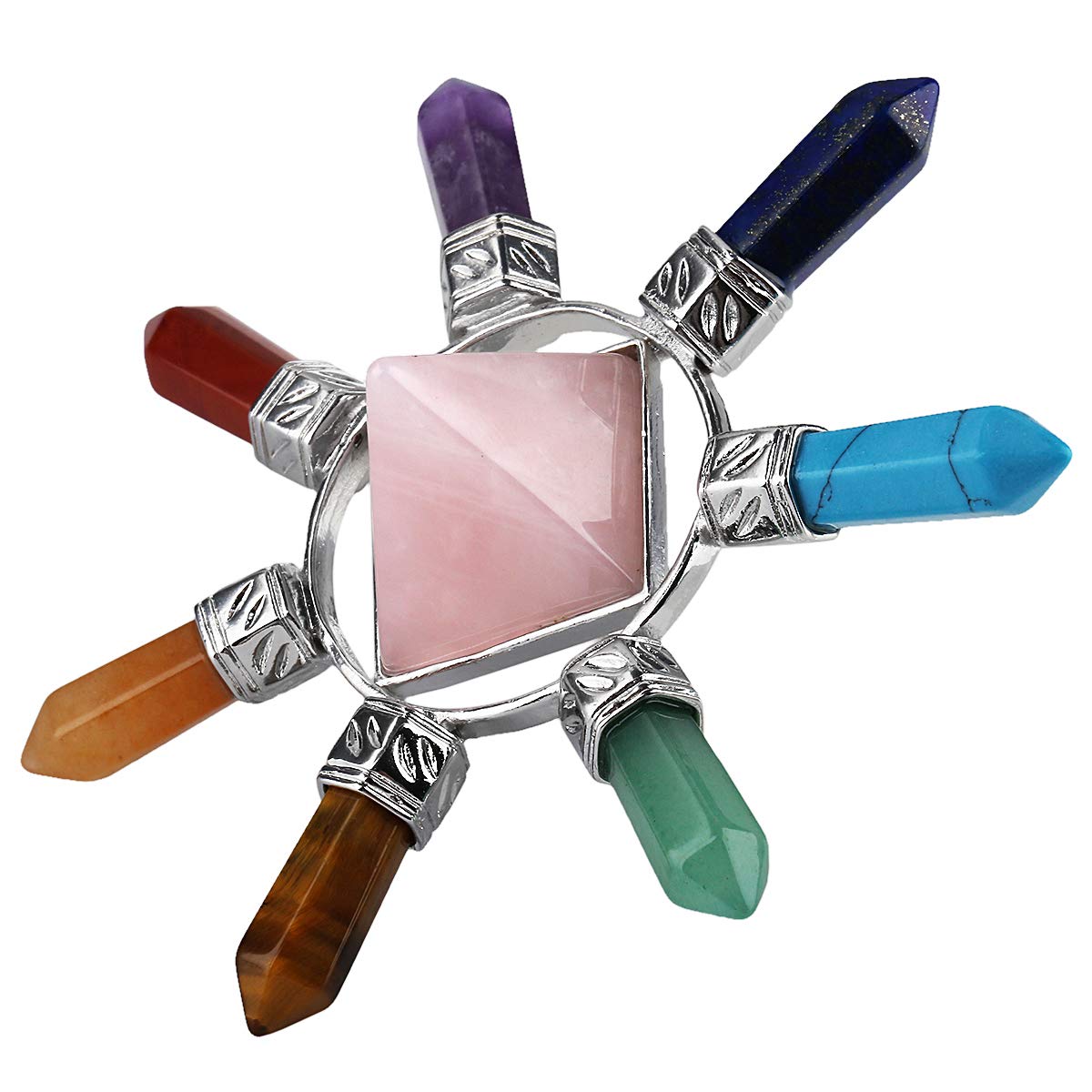 Rockcloud Pyramid & 7 Chakra Points Energy Generator,Reiki Healing Crystal Stone,Rose Quartz