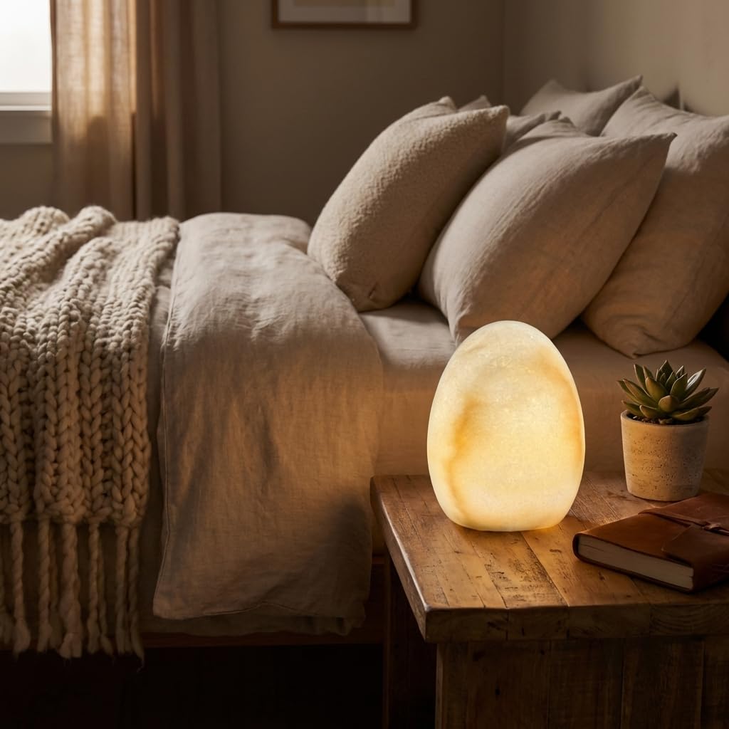 Lierlava 100% Natural Quartz Stone Tap Lamp, 2.4lbs Heavy Cordless Table Lamp, 8mm Translucent Zen Ambient Night Light, 3-Way Dimmable Tap-Activated Battery Operated Nightstand Decor, White
