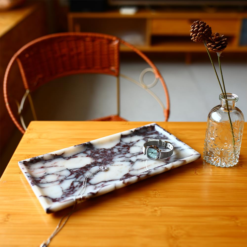DUANYAN Natural Marble Tray, Coffee Table, Food, Fruit, Paper Cup, Cake Display, Coffee bar, Family Gatherings, Seasonal Holiday Decoration Tray(Viola-rectangle-11 x5 x0.7)
