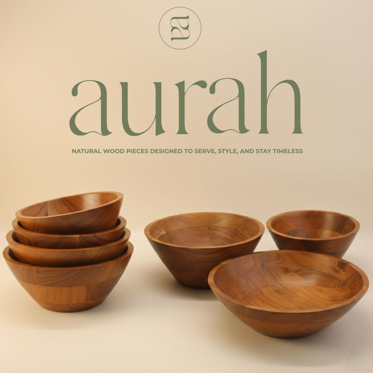 Aurah Acacia Wood Salad Bowl, 8" Diameter x 4.2" Height – Small Wooden Mixing & Serving Bowls for Salad, Pasta and Fruits – Kitchen & Outdoor Dining - Capacity 2.3 Quarts