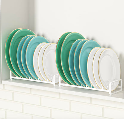 Plate Organizer for Cabinet (2-Pack),Kitchen Dish Rack Organizer for Cabinet Countertop Drawer Space Saver，8 Slots Vertical Plate Holder Storage Rack, Housewarming Kitchen Gifts for Women (White)