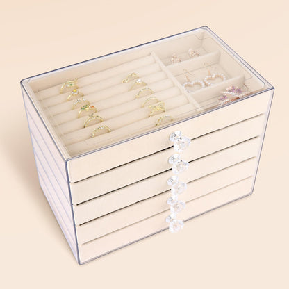 Hyber&Cara Luxury Acrylic Jewelry Box Organizer - 5 Drawers Velvet Lined Clear Stackable Storage for Earrings Necklaces Rings Bracelets Elegant Beige Dresser Top Vanity Display