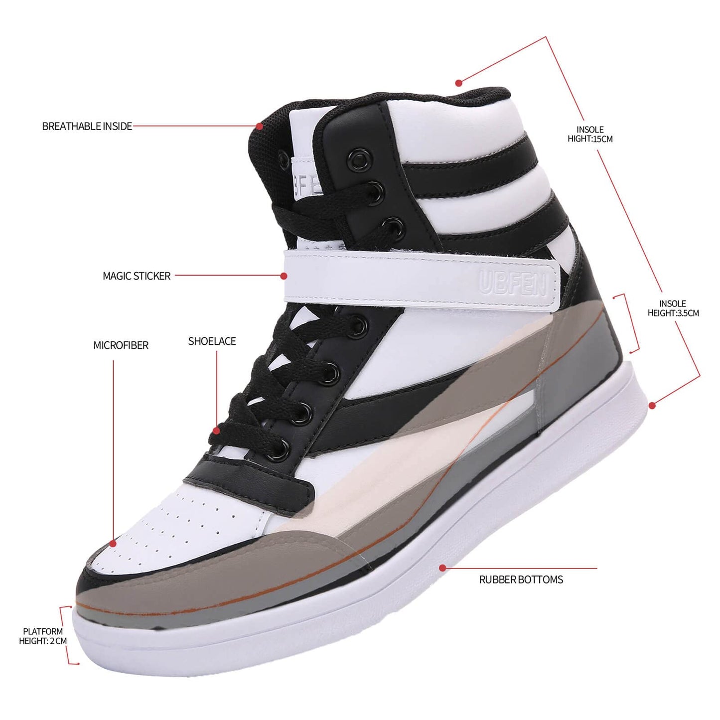 UBFEN Womens High Top Ankle Support Sneakers Black White Hidden Wedge Heel Retro Halloween Party Tennis Shoes for Girls Cosplay Removable Insole Footwear Size 7.5