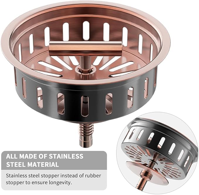 KONE Copper Sink Drain 3.5 Inch Kitchen Sink Drain Assembly Stainless Steel