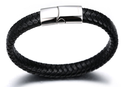HALUKAKAH Kids ● Solo Junior ● Boy's Genuine Leather Bracelet Classic Black 6-12 Y/O. Titanium Magnetic Clasp 7"/18cm,Free Giftbox