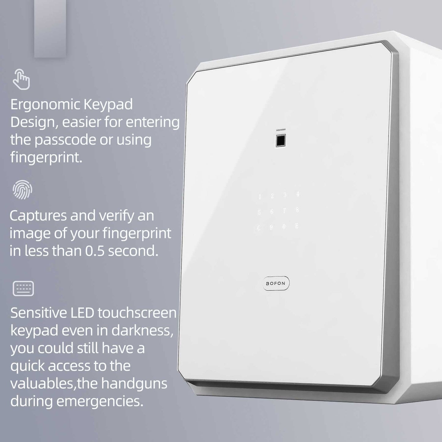 BOFON Fingerprint Smart Safe Box, Alloy Steel, Biometric Lock with Key, Alarm System, Anti-Theft, for Home Office (2.1 Cubic feet White)