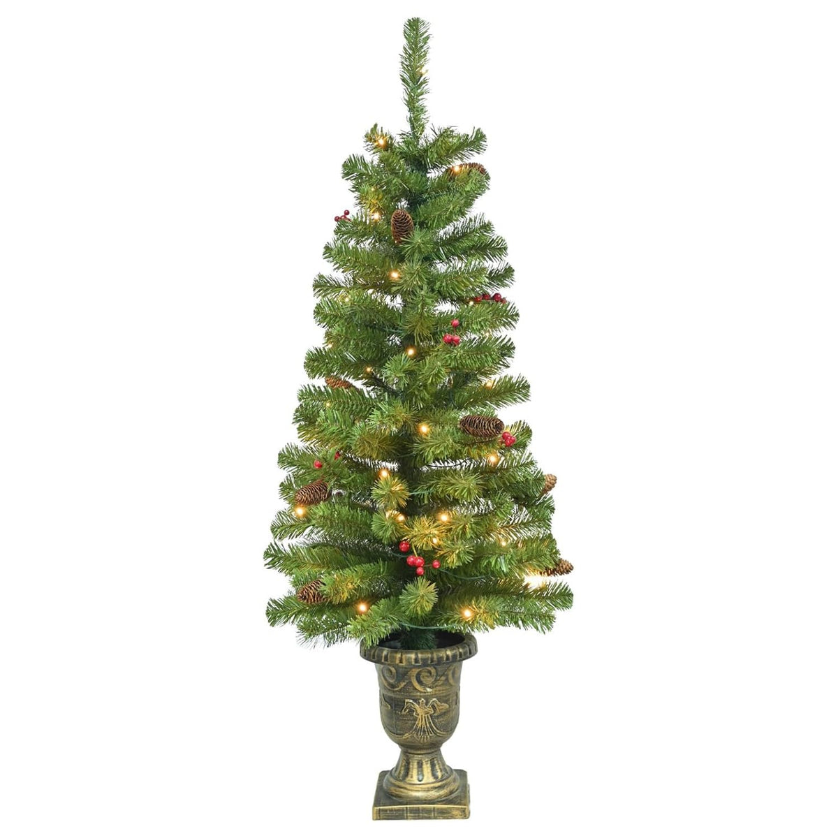 Maylaviu 4FT Artificial Potted Christmas Tree with Lights, Pre-lit Mini Christmas Tree with 50 LED Lights, Small Fake Spruce Tree with 140 Branch Tips, Pine Cones&Red Berries, Battery Operated