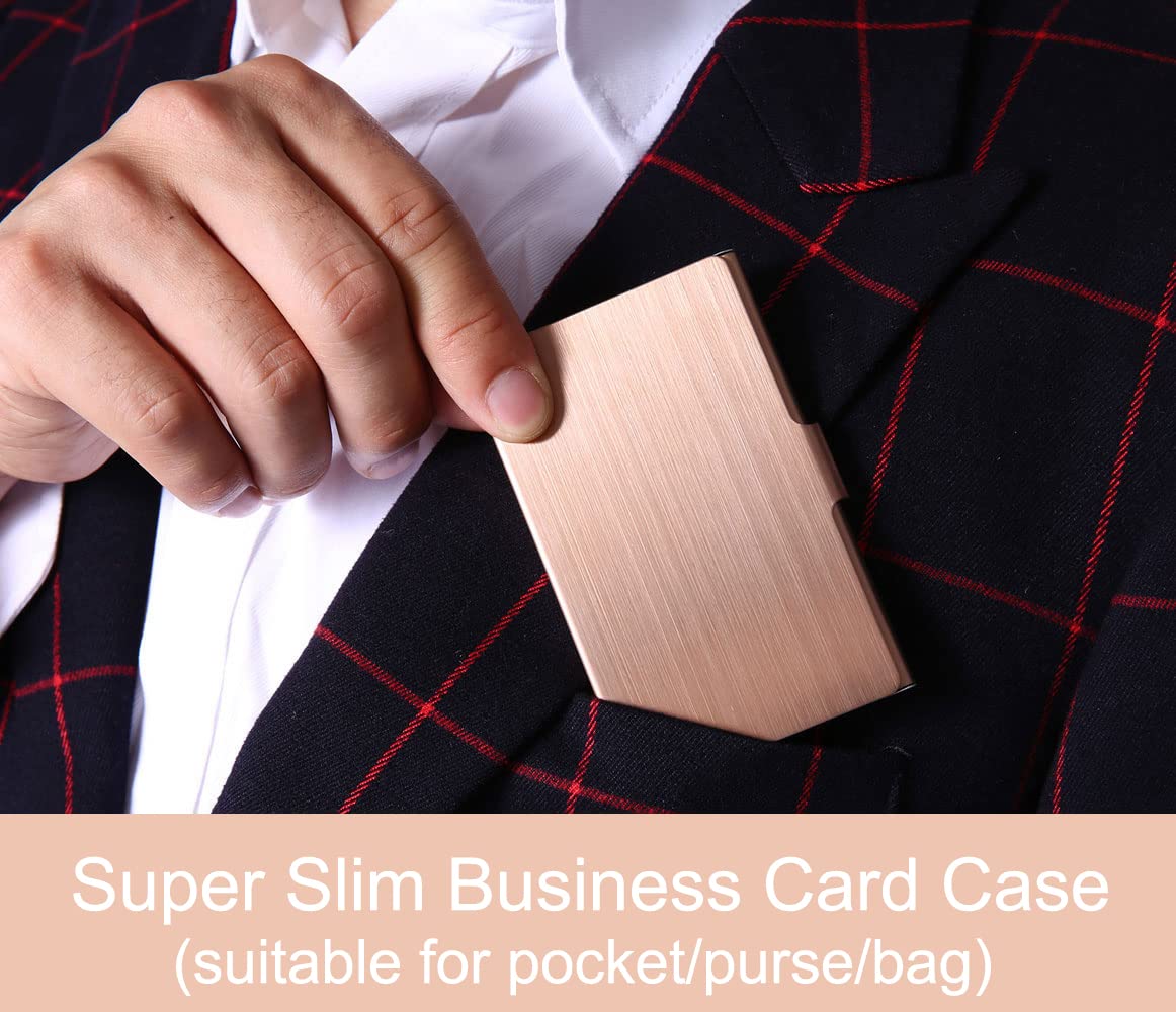 DMFLY Black Slim Metal Business Card Holder + Rose Gold Case, Slim Business Card Case for Men & Women, Pocket Metal Card Case, Professional Stainless Steel Business Card Holders
