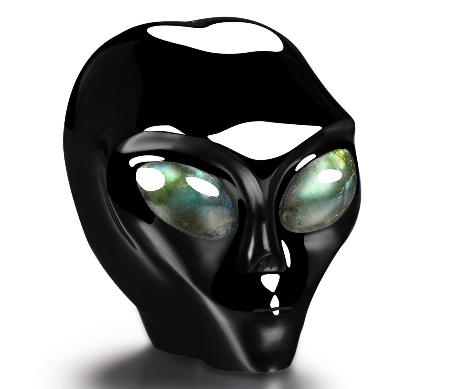 Skullis 3.0" Black Obsidian Star Being Female Alien Crystal Skull Companion with Labradorite Eyes, Hand Carved Gemstone Fine Art Sculpture, Reiki Healing Stone Statue