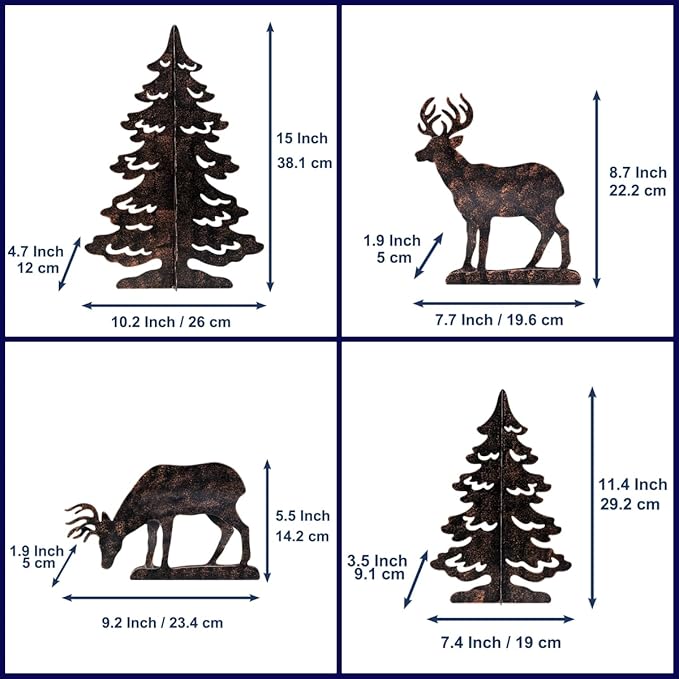 YULETIME 4-Piece Metal Christmas Reindeer and Tree Scene Silhouette Set, Winter Forest Deer & Spruce Landscape Holiday Tabletop Ornament