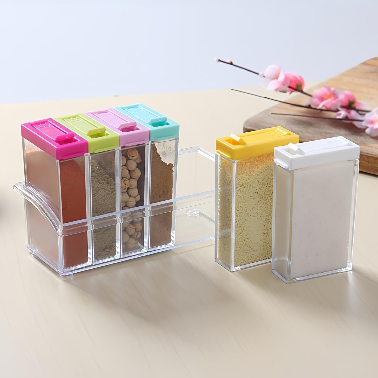 JLNGTHONG 6 Pcs Spice Jars, Empty Spice Containers with Tray, Rectangular Small Seasoning Bottles Supplement Pack for Salt, Herbs, Sugar, Pepper