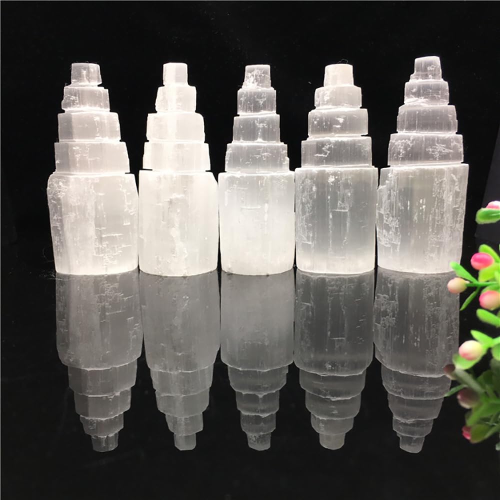 Natural Selenite Crystal Selenium Skyscraper Tower Carving Statue Home Decoration Stone Gypsum Tower for Home Decor Ornaments (15cm-1pcs)
