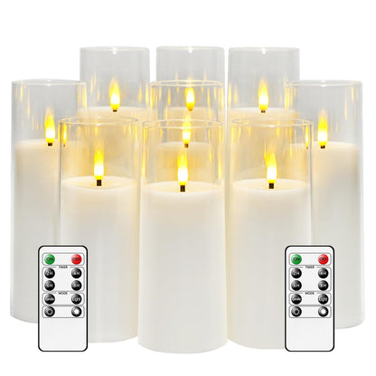 kakoya Flickering Flameless Candles Battery Operated with Remote and 2/4/6/8 H Timer Plexiglass Led Pillar Candles Pack of 9 (D2.3"xH 6"7"8")with Realistic Moving Wick Candles for Home Decor(White)