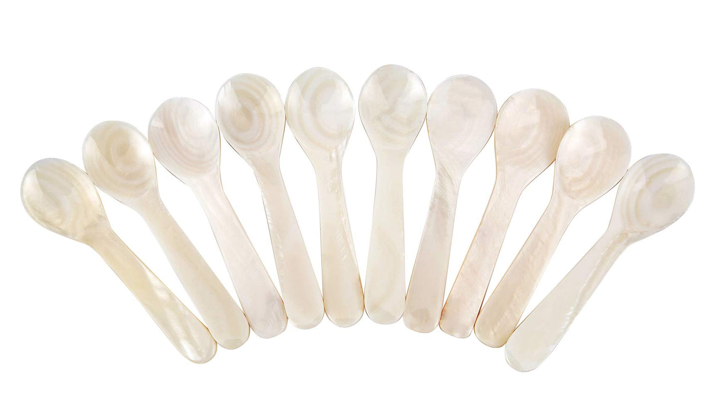 DUEBEL Set of 10 White Mother Pearl 2.75′′ Caviar Spoons Caviar, Egg, Coffee Serving (White, 7x2.1cm)