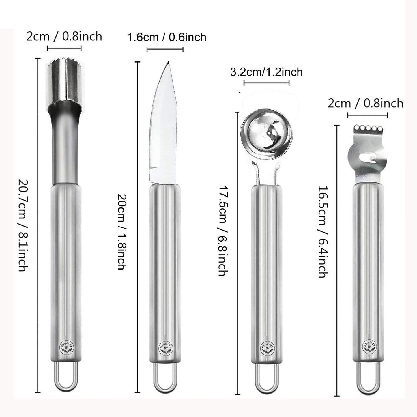 NewlineNY Stainless Steel Kitchen Tools: Zester Grater with Channel Knife, Apple Cupcake Corer, Fruit and Melon Scooper, Fruit & Veggie cutting knife, 4 Pcs Set