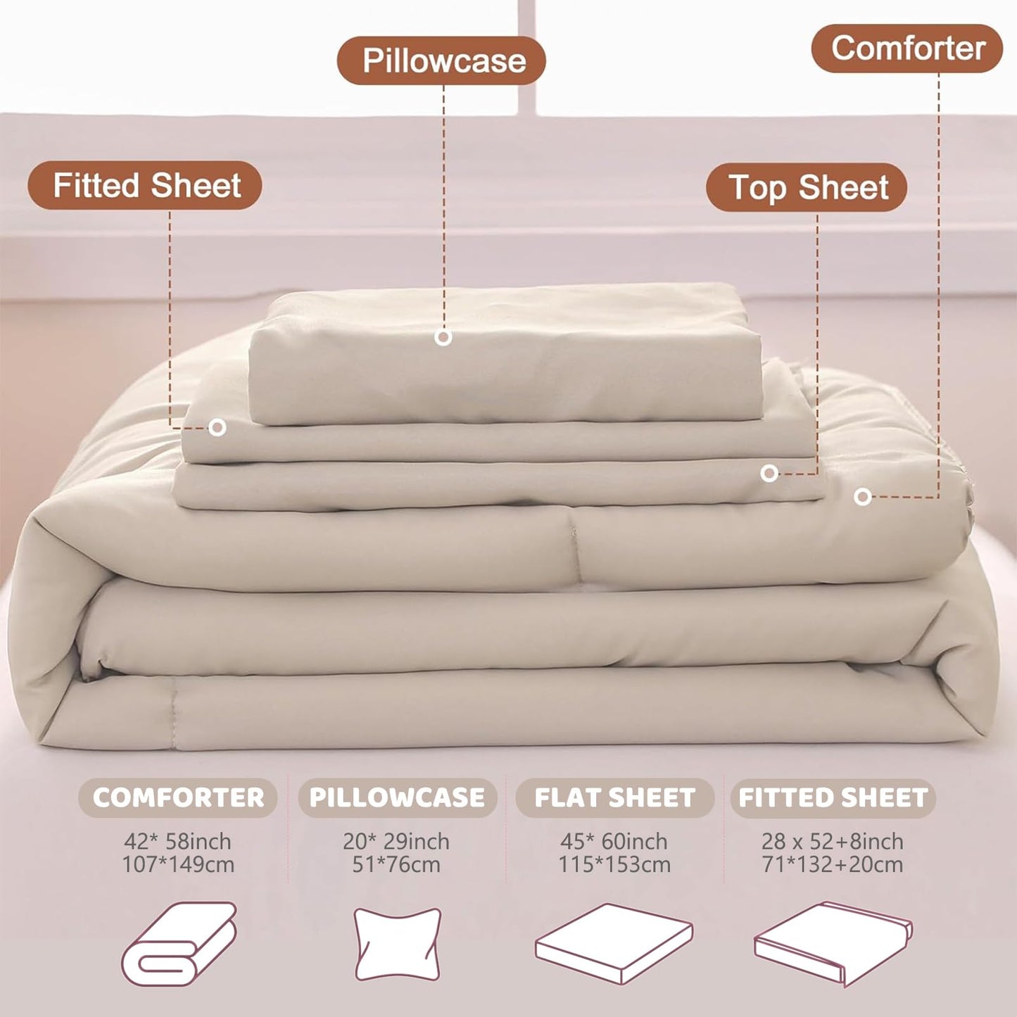Wowelife Toddler Bedding Set for Girls, 4 Piece Double Ruffles Soft and Breathable Crib Bedding Set for Boys and Girls, Includes Quilted Comforter, Fitted Sheet, Flat Sheet and Pillowcase, Pale Beige