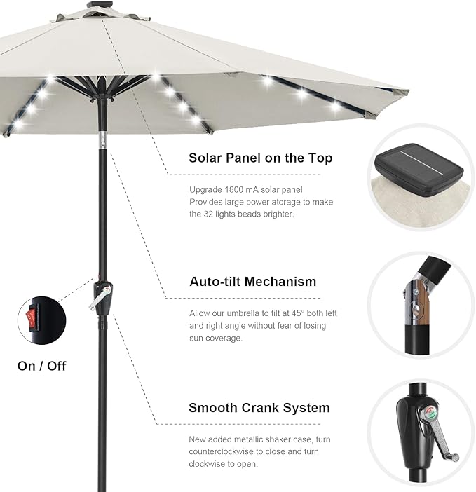 ABCCANOPY 10FT Durable Solar Led Patio Umbrellas with 32LED Lights (Light Beige)