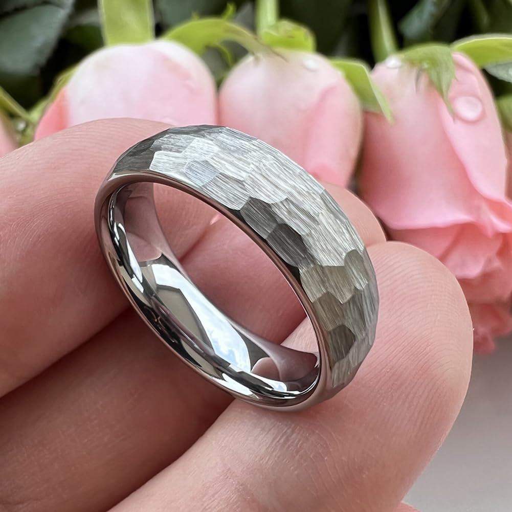 TUTISS 6mm Hammered Tungsten Carbide Rings for Men Women Engagement Wedding Bands Domed I Love You Engraved Comfort Fit Size 10