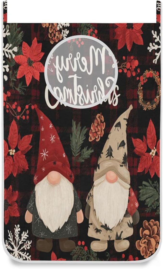Checkered Christmas Floral Gnomes Hanging Laundry Hamper Door Hampers Bag Basket