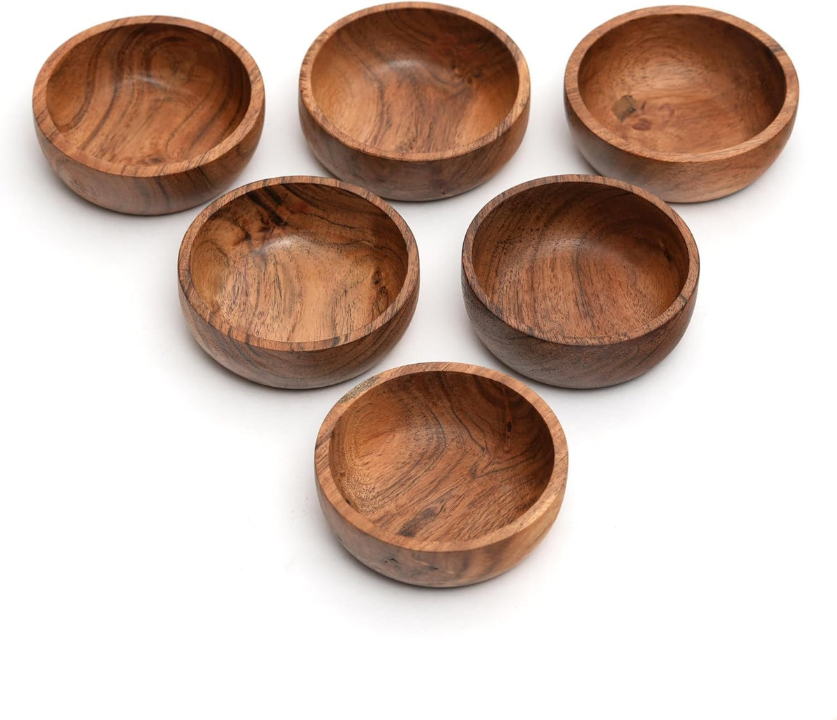 WEBHUSHI Acacia Wood Bowls: Handcrafted, Rustic, 6 Bowls of 3.75-inch, 0.25 liters Capacity Each