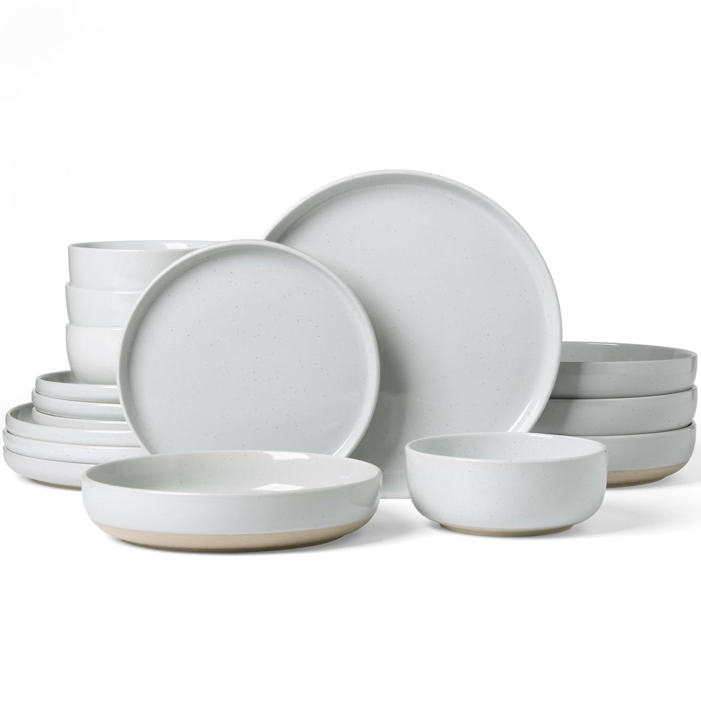Famiware Milkyway Stoneware Dinnerware Sets with Pasta Bowls, Service for 4 (16 Pieces), Plates and Bowls Sets -Scratch Resistant, Microwave and Dishwasher Safe Dishes Set, Light Gray
