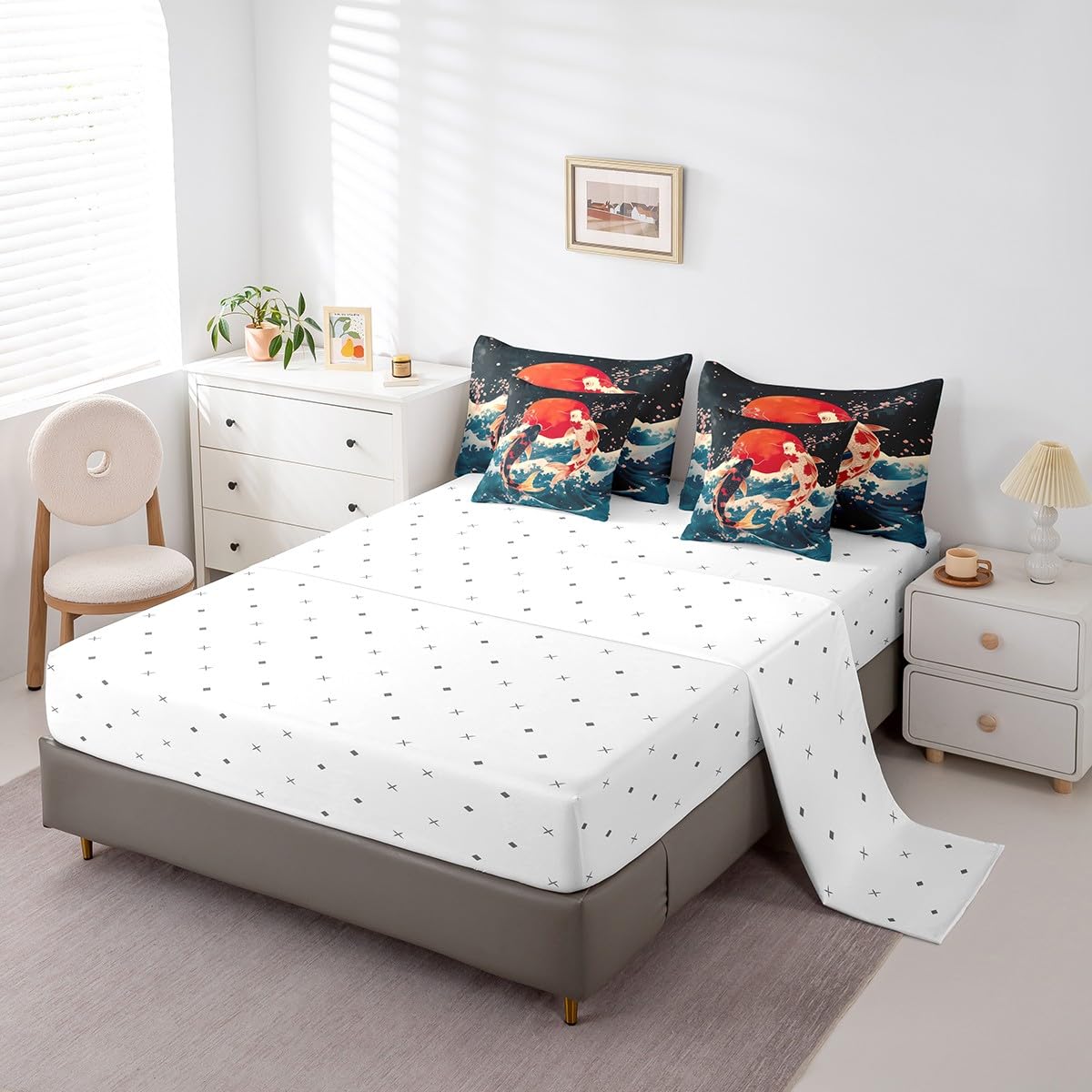 Erosebridal Japanese Koi Fish Queen Bedding Set,Blue Ocean Waves Comforter Set 7 Piece,Pink Cherry Blossom Bed Set for Kids Adults,Oriental Floral Bed in a Bag with Fitted+Flat Sheet,Pillowcases