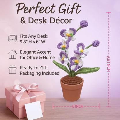 beausougon Handmade Crochet Orchid Potted Plants, Knitted Artificial Forever Flowers with Exquisite Pot, for Friends, Women, and Kids, Ideal for Home Decorations and Office Desks