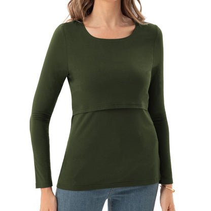 Bearsland Women's Nursing Shirt Long Sleeve Round Neck Breastfeeding Top, Black & Army Green & White Stripes, L