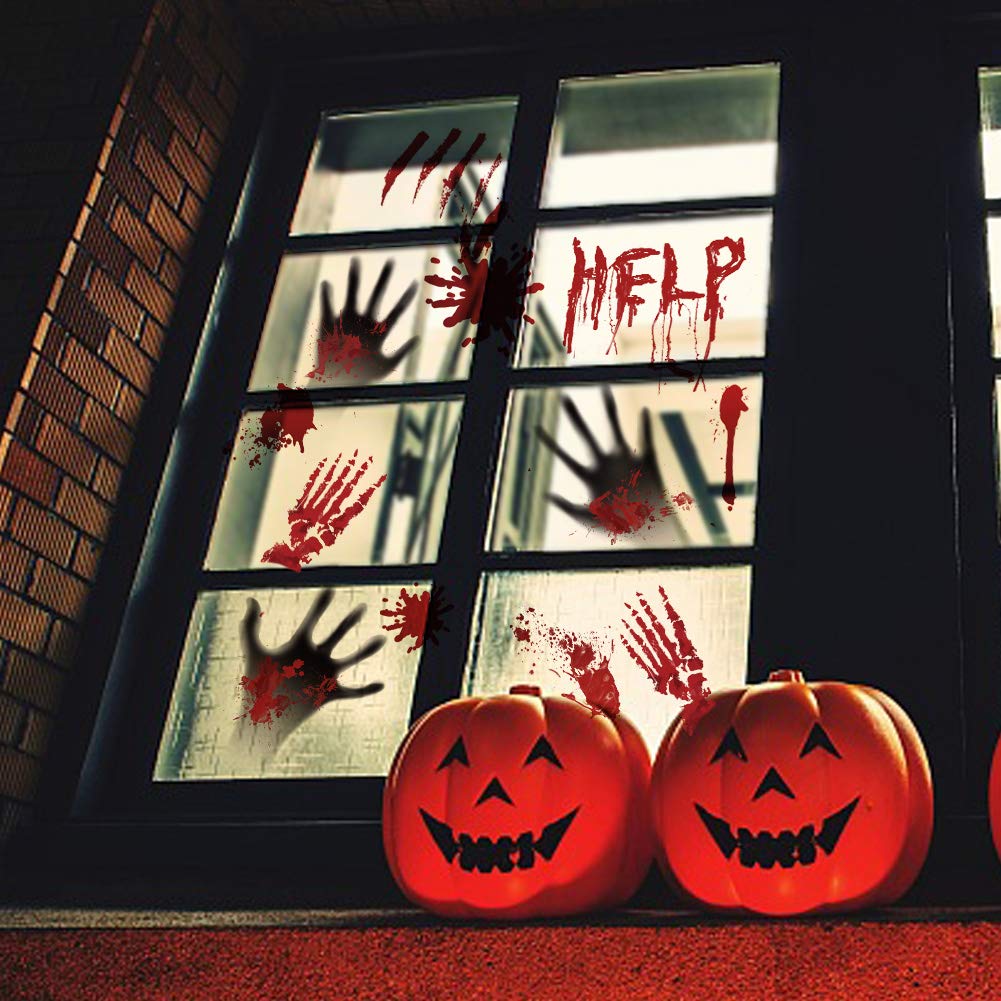 Tuzuaol 119 PCS Bloody Halloween Decorations Halloween Bloody Handprint Footprints Knife Stickers Window Wall Floor Clings Decals Horror Bathroom Zombie Party Decorations Supplies