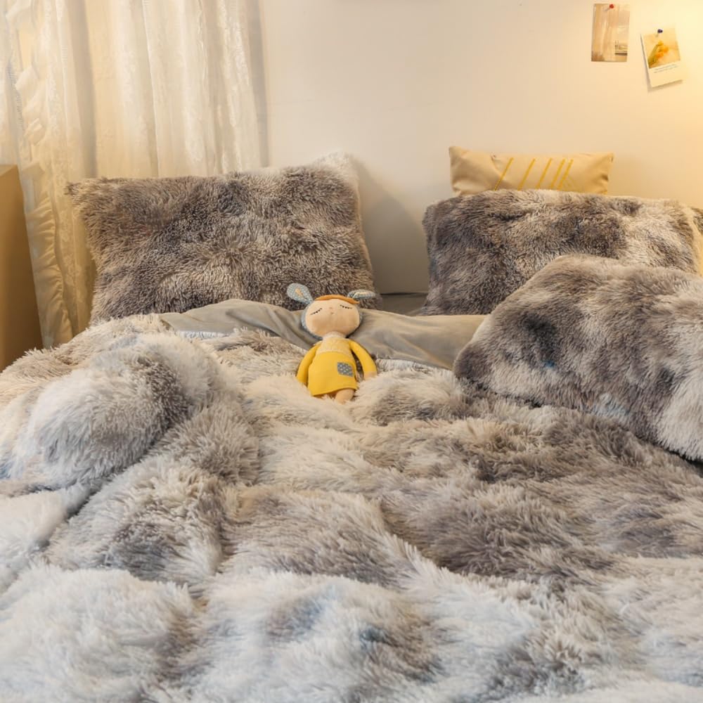chovy Faux Fur Tie-Dyed Black White Gray Colorful Comforter Sets Queen - 3PC Bed Set Ultra Soft Plush Flannel Velvet Fluffy Fuzzy Bedding（Comforter x 1 Pillowcases x 2）