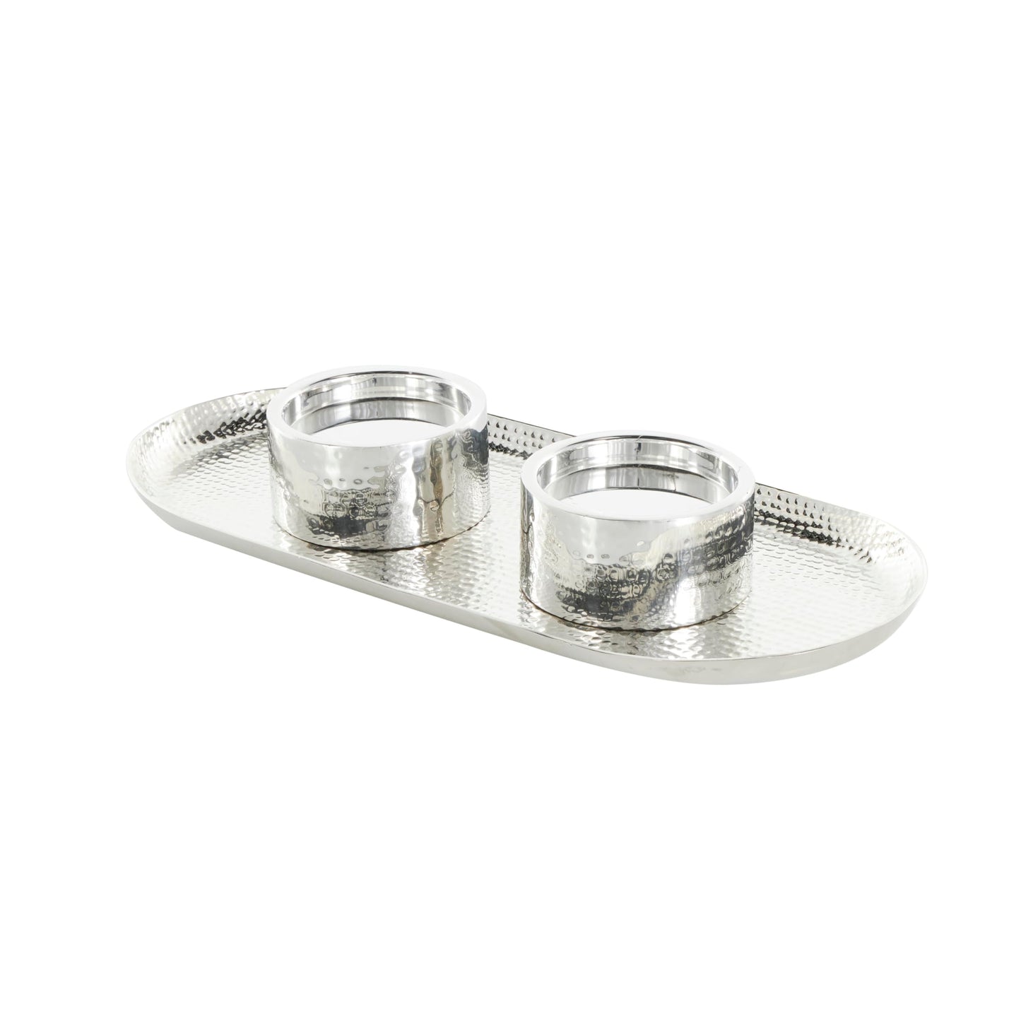 Deco 79 Stainless Steel Metal Decorative Candle Holder Hammered Candle Stand with Oval Tray Plate, Candlestick Holder 16" x 7" x 2", Silver