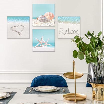 Artscope 4 Pieces Wall Art Canvas Prints - Seashell Starfish and Beach Picture Painting - Modern Wall Artwork Framed for Gifts Bathroom Home Kitchen Office Decor - 30 x 30 CM
