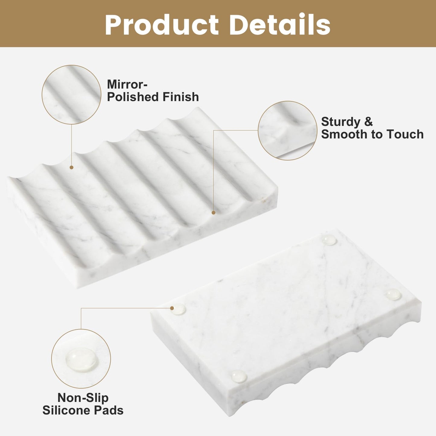 Carrara Marble Soap Dish - Self Draining Holder Keeps Soap Dry, Rectangular Tray for Shower, Bathroom & Jewelry Display (White)