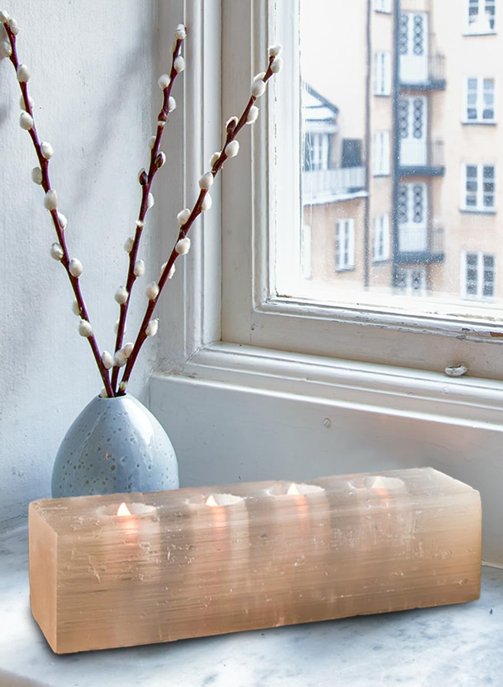Serene Spaces Living Selenite Tealight Candle Holder Log, 3.5" x 12.5" Natural Crystal Decorative White Votive Candlestick Holder for Kitchen, Tables, Wedding, Parties, Event Decor Centerpieces