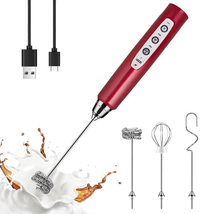 YUSWKO Black Handheld Milk Frother Wand for Coffee, Rechargeable Electric Whisk with 3 Heads 3 Speeds Drink Mixer Coffee Frother For Latte, Cappuccino, Hot Chocolate, Egg